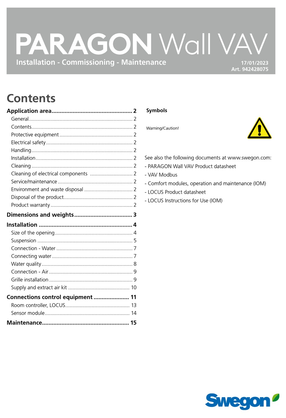 SWEGON PARAGON WALL VAV INSTALLATION, COMMISSIONING MAINTENANCE Pdf