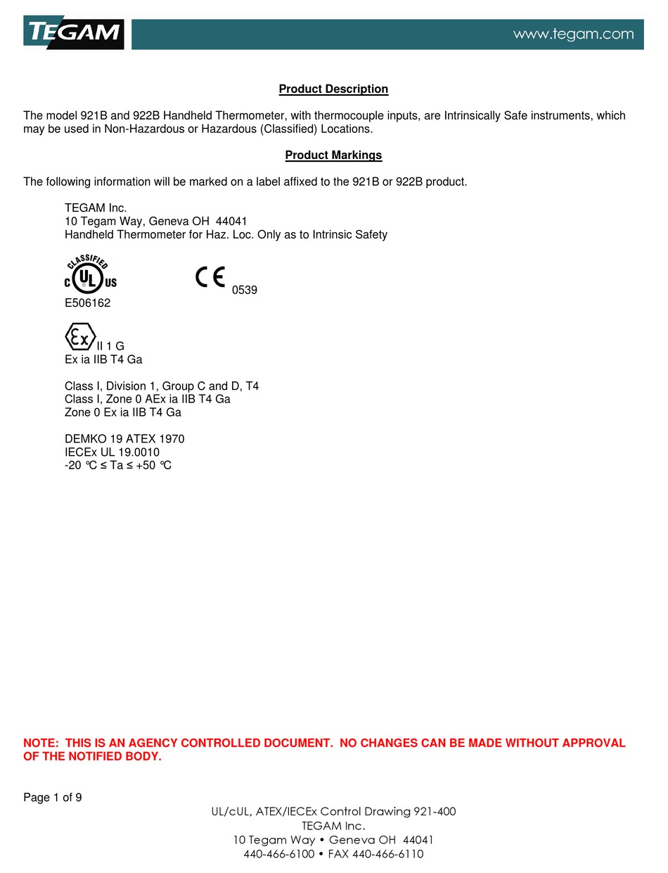 921B Intrinsically Safe Thermocouple Thermometer