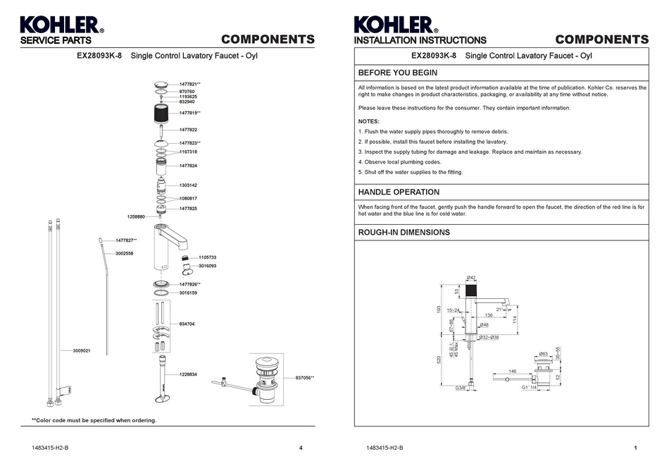 KOHLER EX28093K8 INSTALLATION INSTRUCTIONS Pdf Download ManualsLib