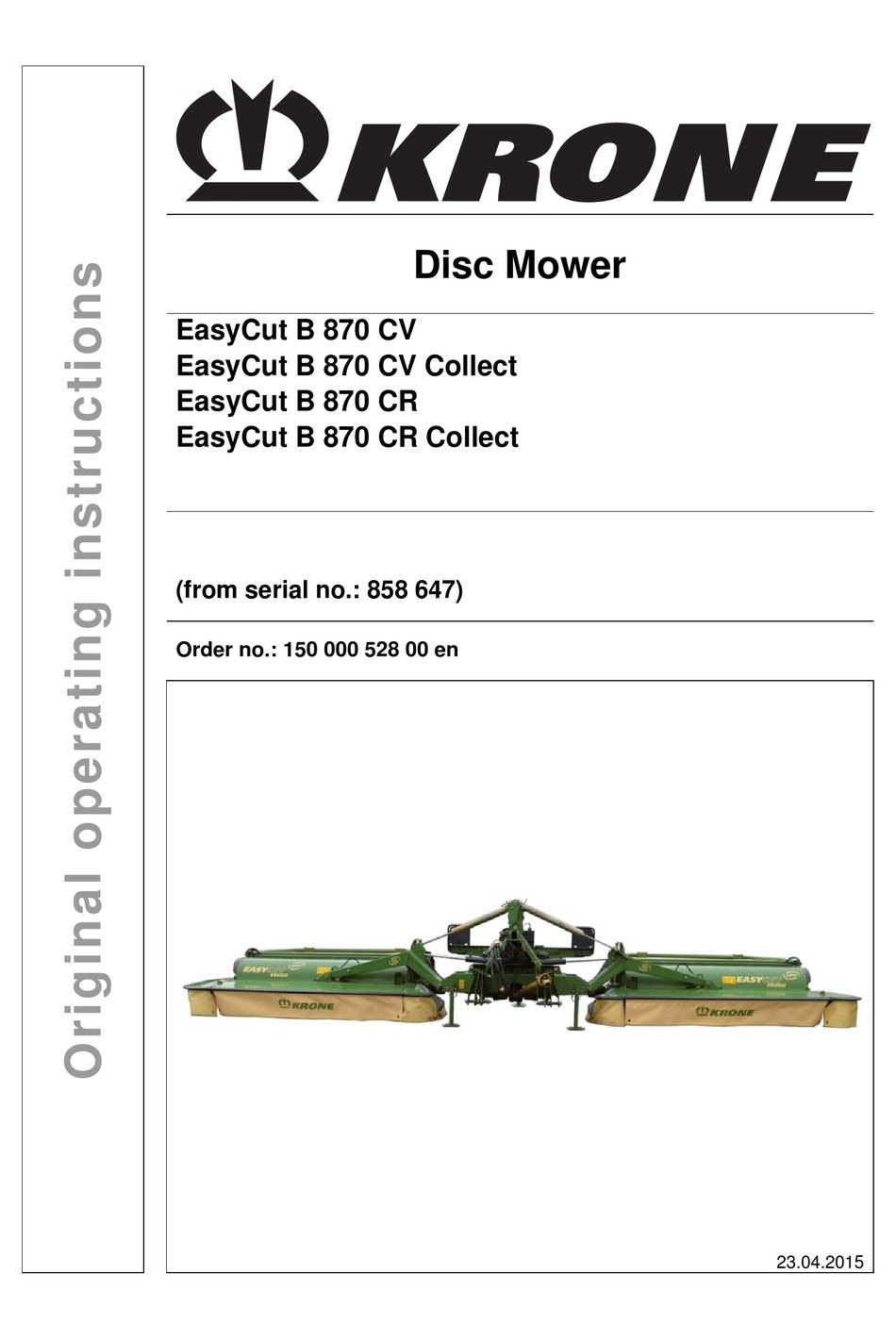 KRONE EASYCUT B 870 CV ORIGINAL OPERATING INSTRUCTIONS Pdf Download ...