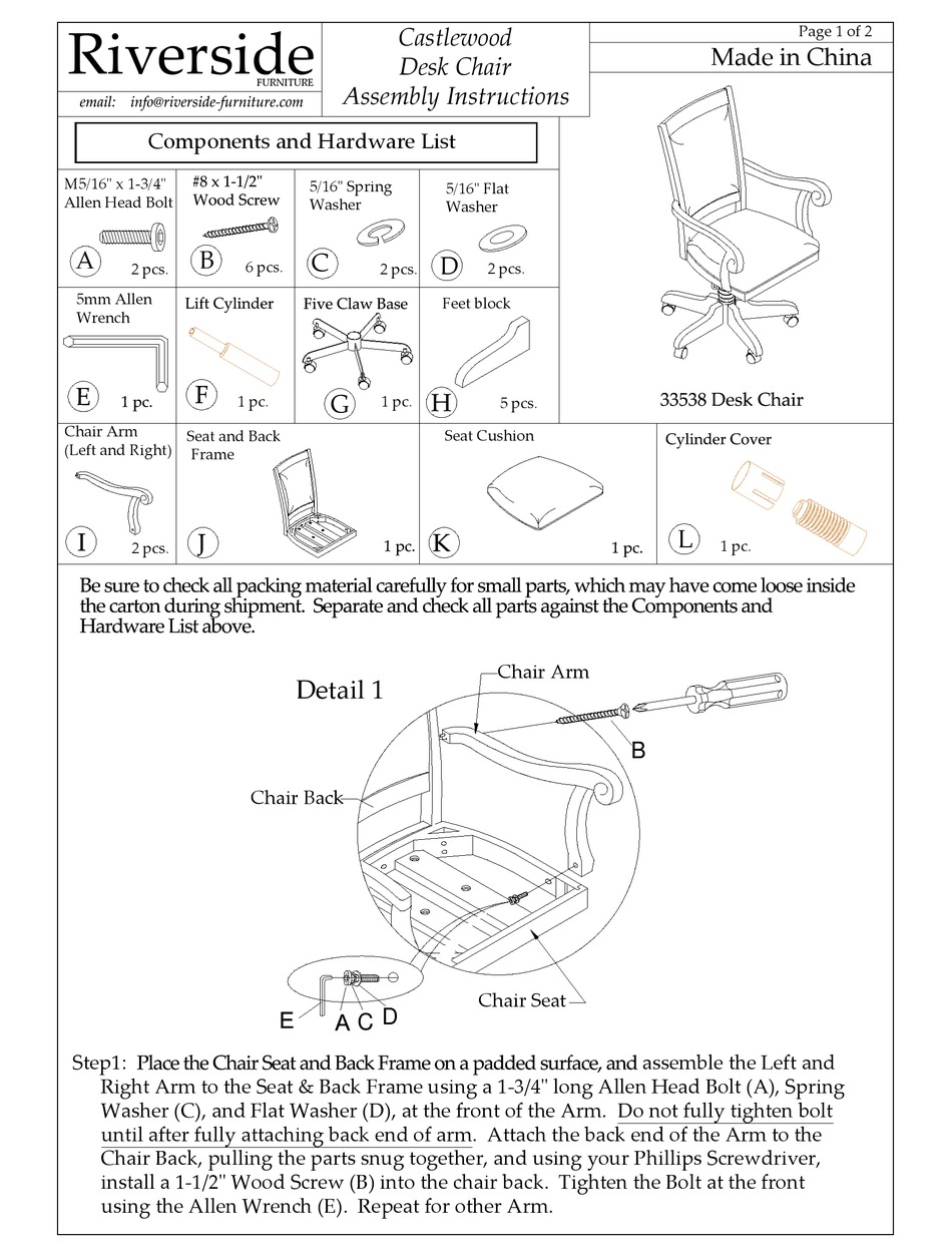 RIVERSIDE FURNITURE CASTLEWOOD 33538 ASSEMBLY INSTRUCTION Pdf Download