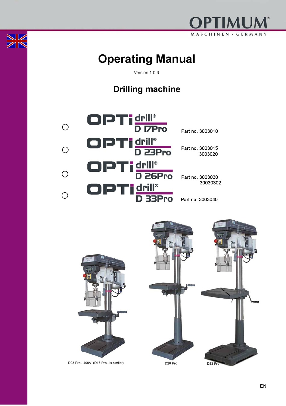 OPTIMUM OPTI DRILL D 17PRO OPERATING MANUAL Pdf Download ManualsLib