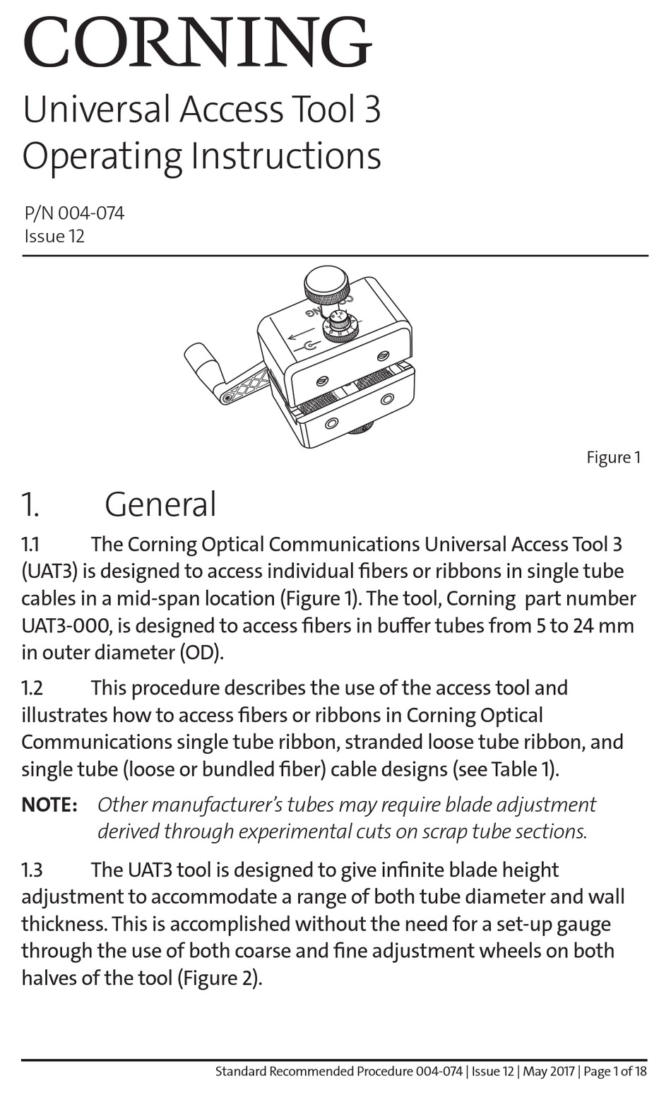 CORNING UNIVERSAL ACCESS TOOL 3 OPERATING INSTRUCTIONS MANUAL Pdf