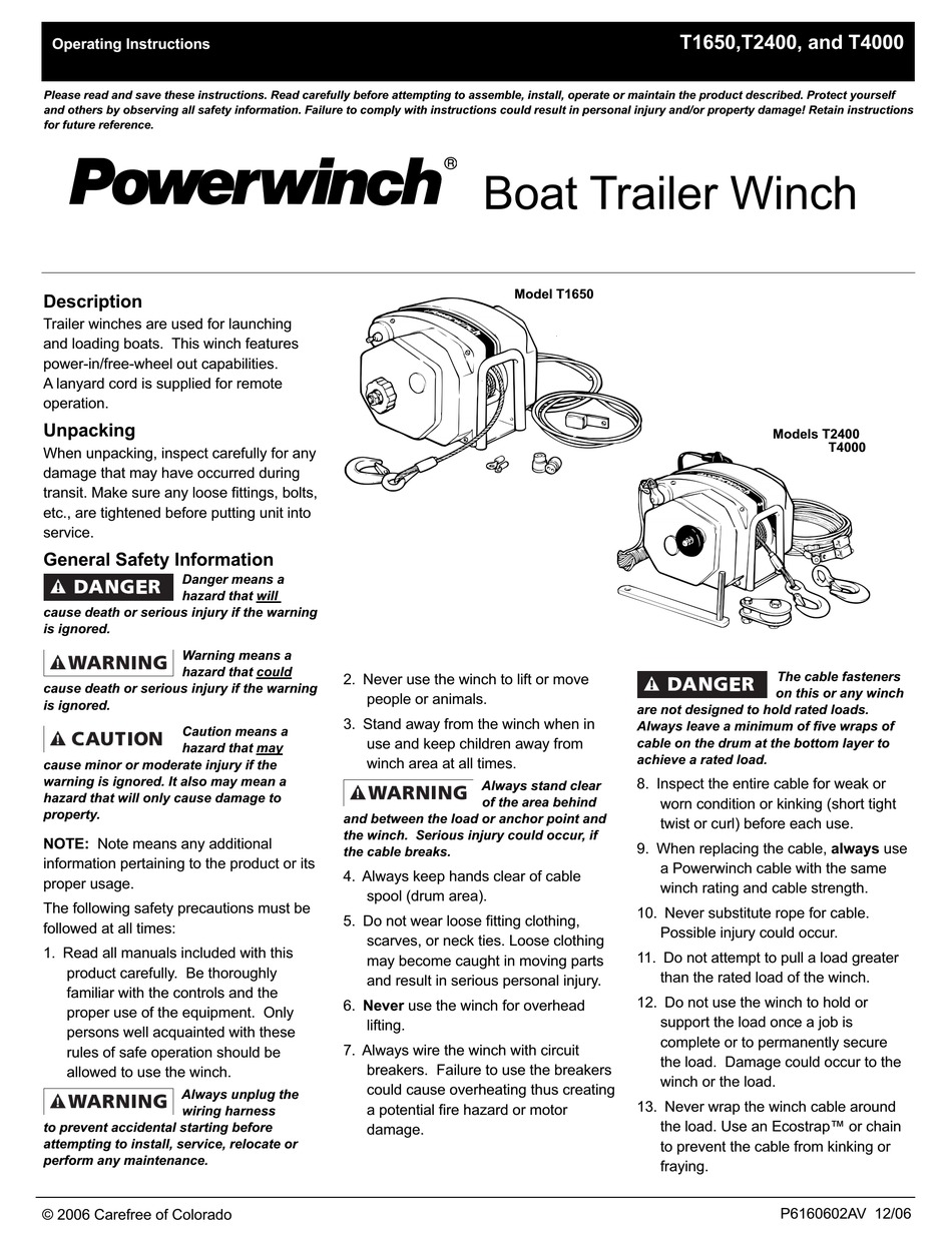 POWERWINCH T1650 OPERATING INSTRUCTIONS MANUAL Pdf Download ManualsLib
