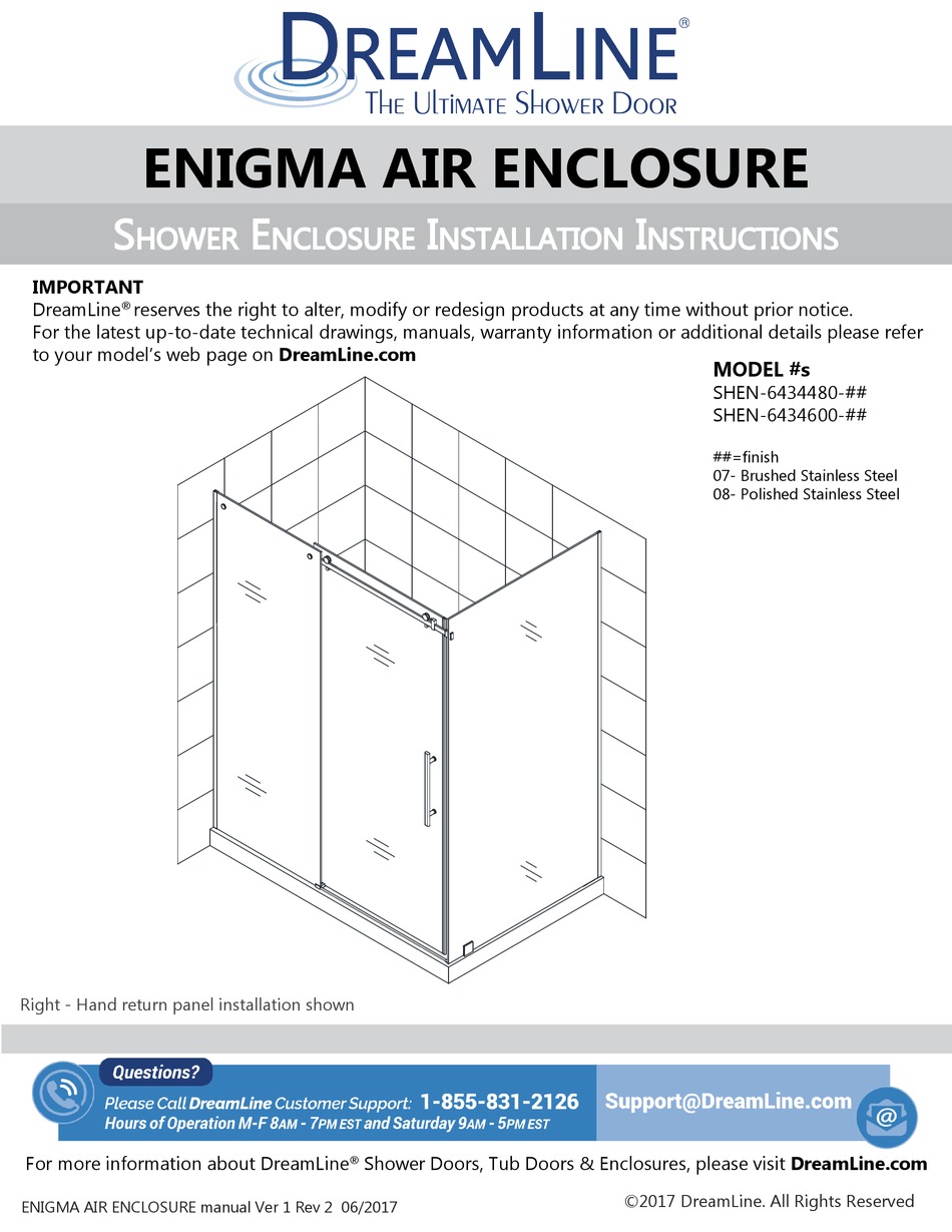 DREAMLINE ENIGMA SHEN6434480 INSTALLATION INSTRUCTIONS MANUAL Pdf