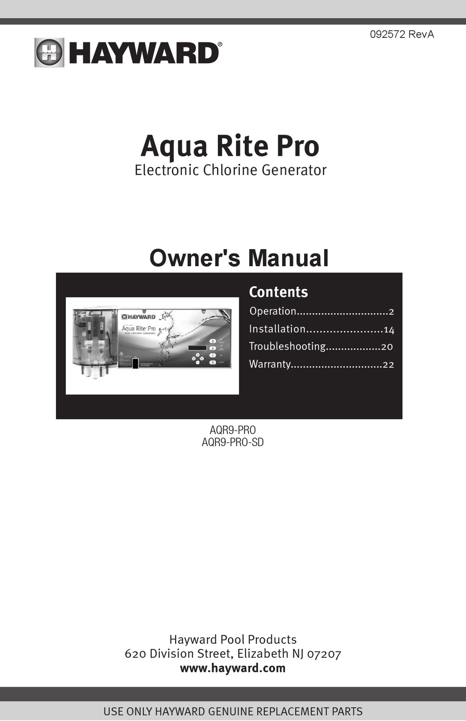 HAYWARD AQUA RITE PRO OWNER'S MANUAL Pdf Download ManualsLib