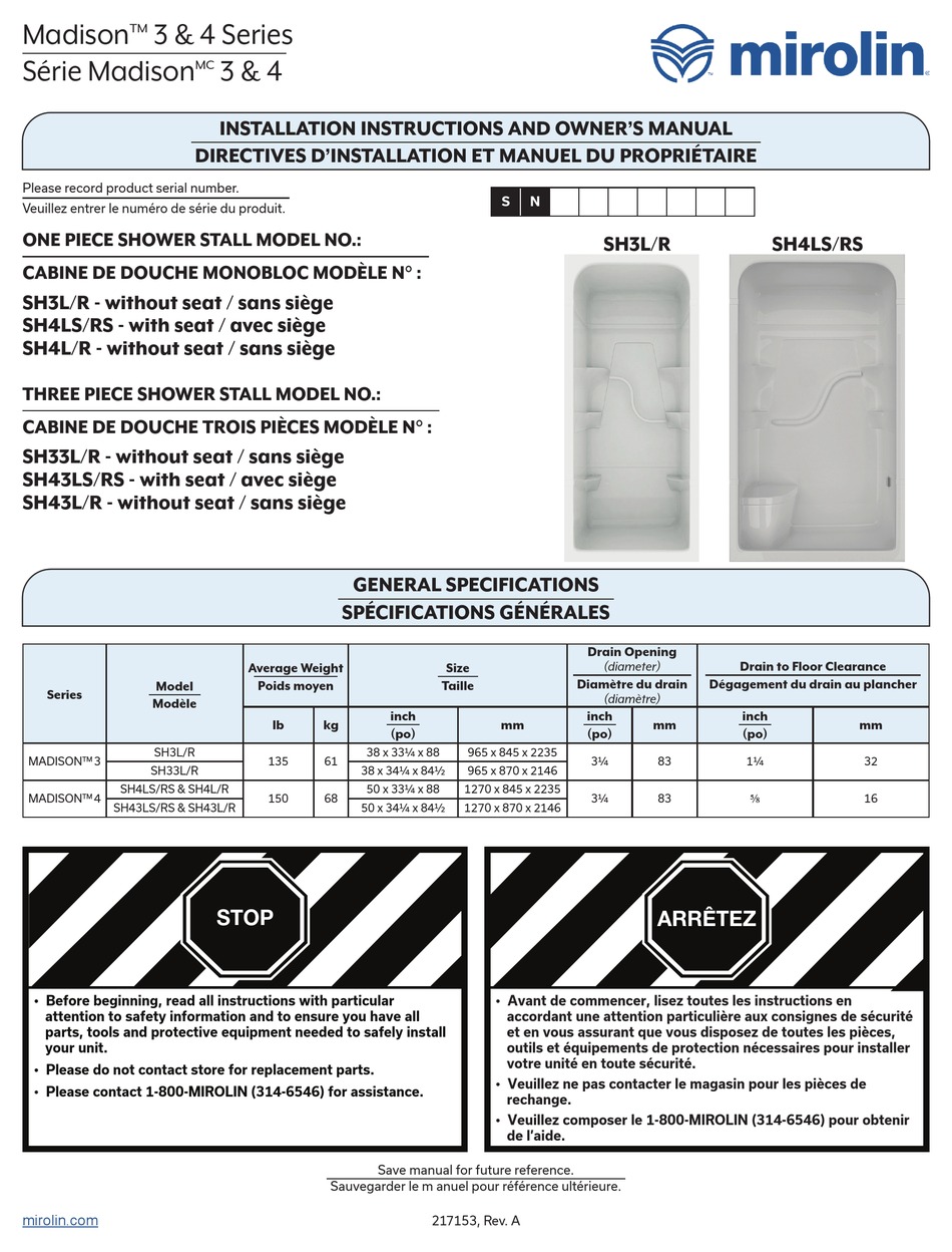 MIROLIN MADISON 3 SERIES INSTALLATION INSTRUCTIONS AND OWNER'S MANUAL