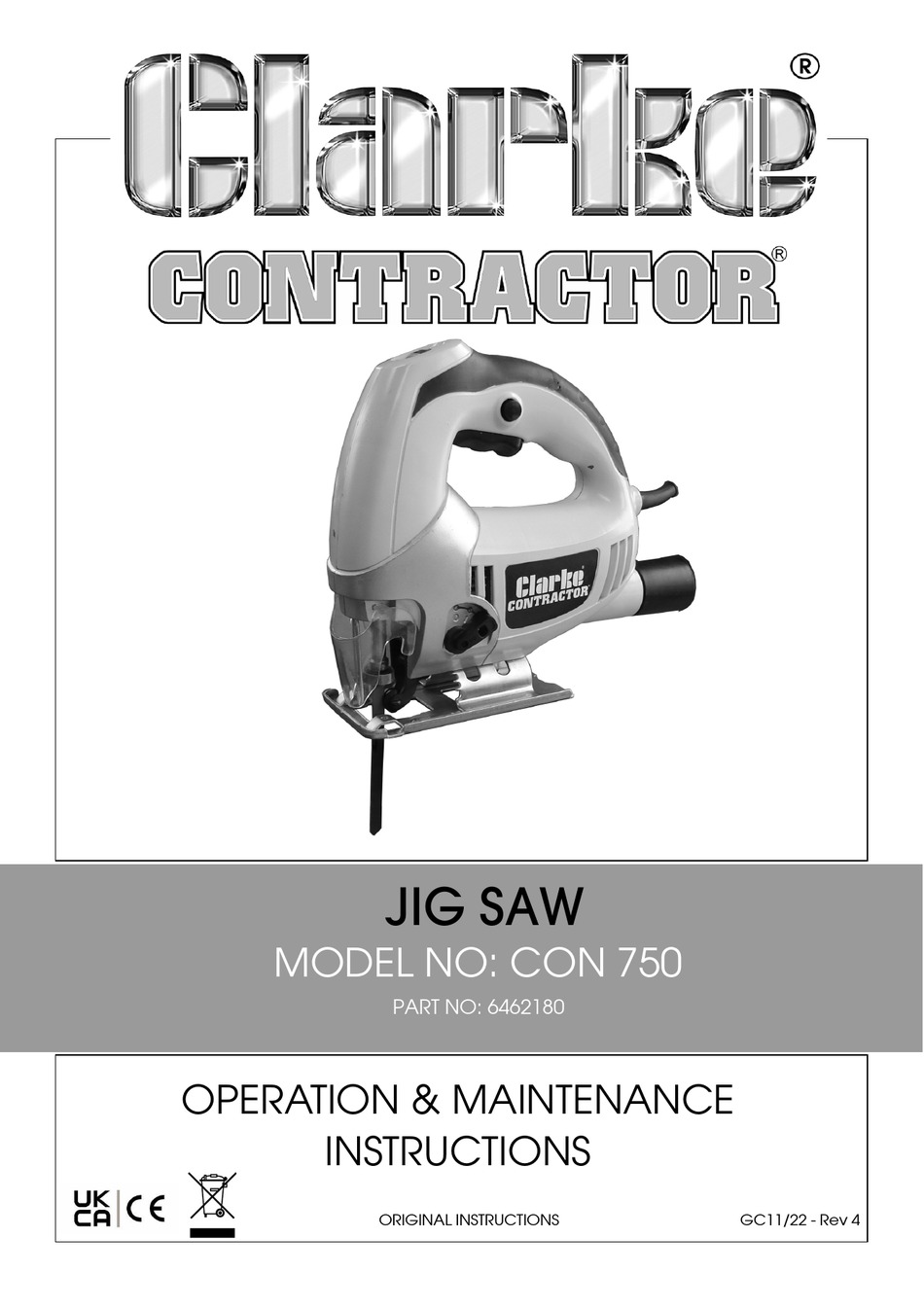 CLARKE CONTRACTOR CON 750 OPERATION & MAINTENANCE INSTRUCTIONS MANUAL