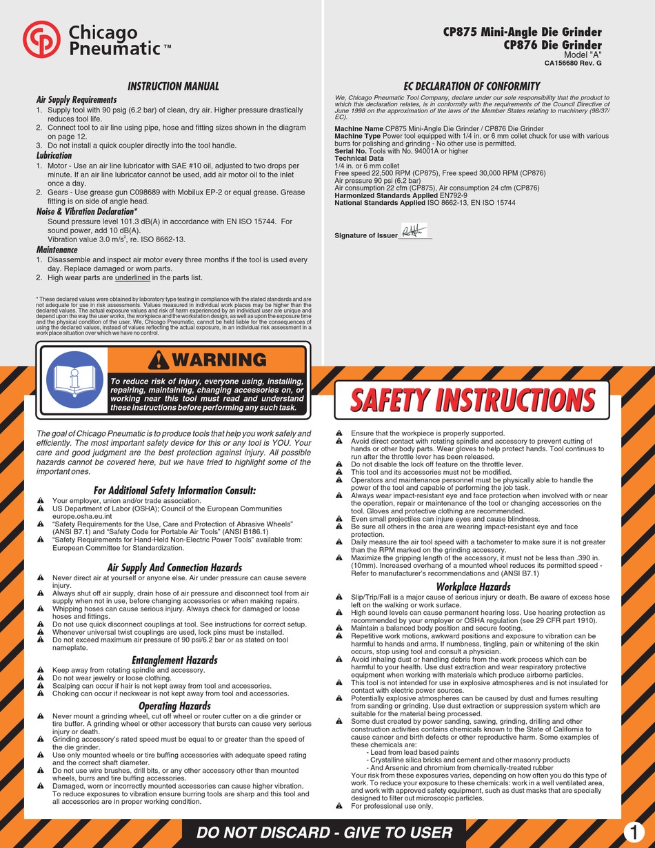 CHICAGO PNEUMATIC CP875 INSTRUCTION MANUAL Pdf Download | ManualsLib