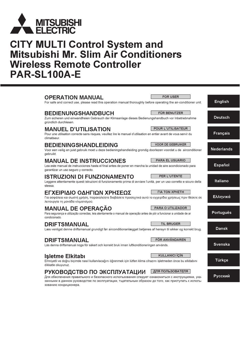 MITSUBISHI ELECTRIC CITY MULTI MR. SLIM PAR-SL100A-E OPERATION MANUAL ...