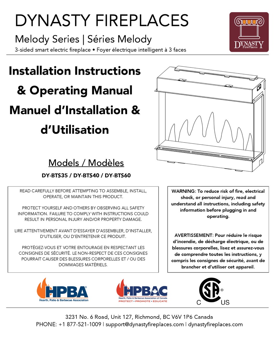 DYNASTY FIREPLACES MELODY SERIES INSTALLATION INSTRUCTIONS & OPERATING