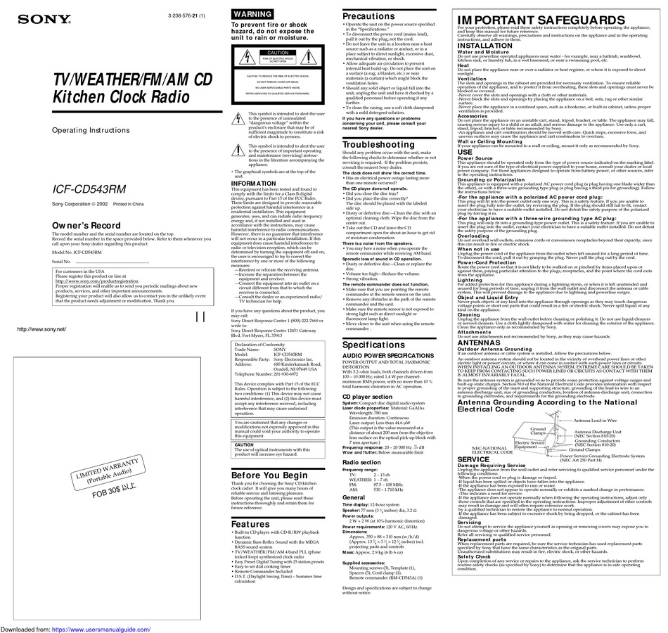 SONY ICFCD543RM OPERATING INSTRUCTIONS Pdf Download ManualsLib