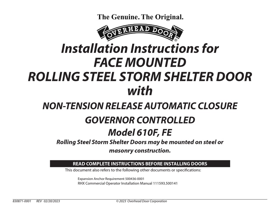 OVERHEAD DOOR 610F INSTALLATION INSTRUCTIONS MANUAL Pdf Download