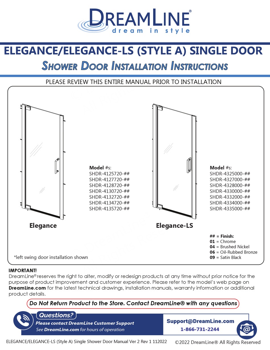 DREAMLINE SHDR4125720 SERIES INSTALLATION INSTRUCTIONS MANUAL Pdf Download ManualsLib