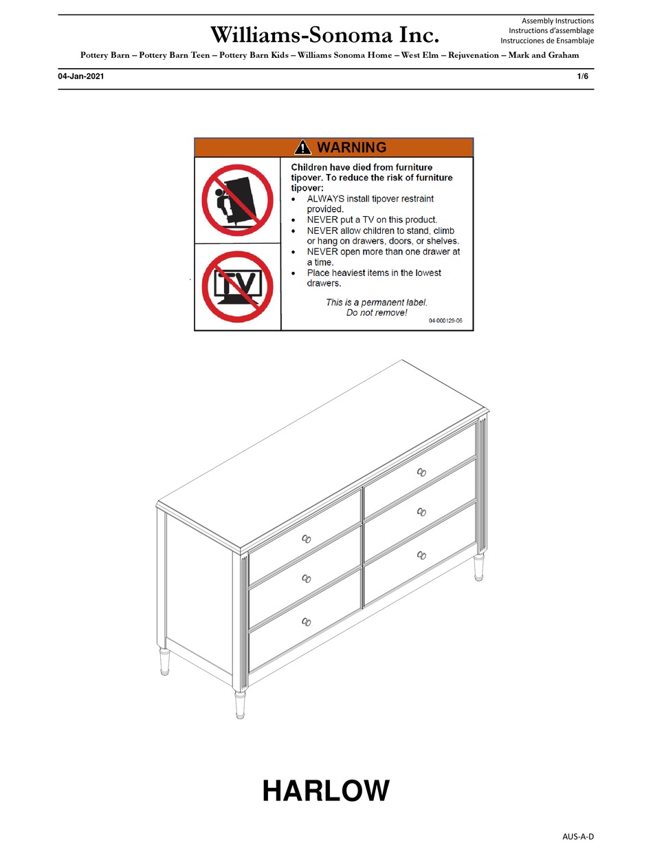 WILLIAMSSONOMA HARLOW ASSEMBLY INSTRUCTIONS MANUAL Pdf Download