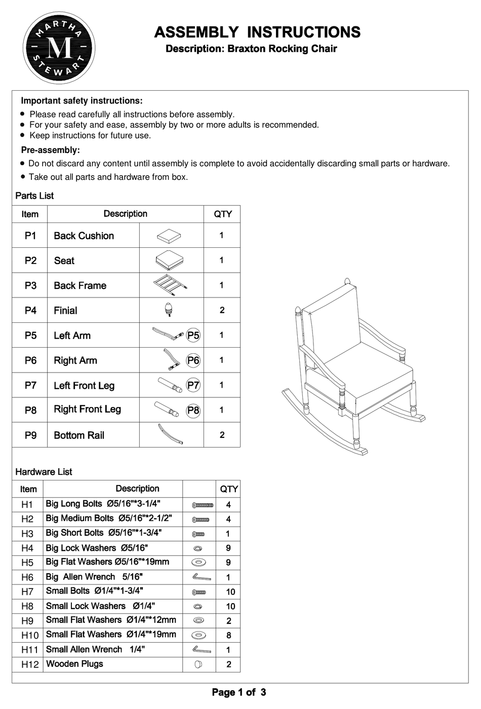 MARTHA STEWART BRAXTON ROCKING CHAIR ASSEMBLY INSTRUCTIONS Pdf Download
