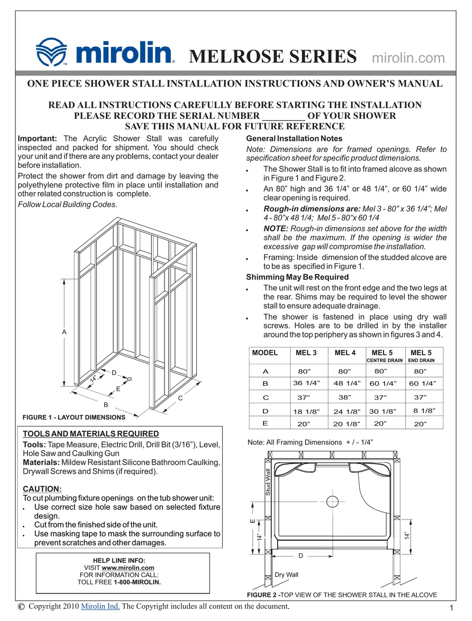 MIROLIN MELROSE SERIES INSTALLATION INSTRUCTIONS MANUAL Pdf Download