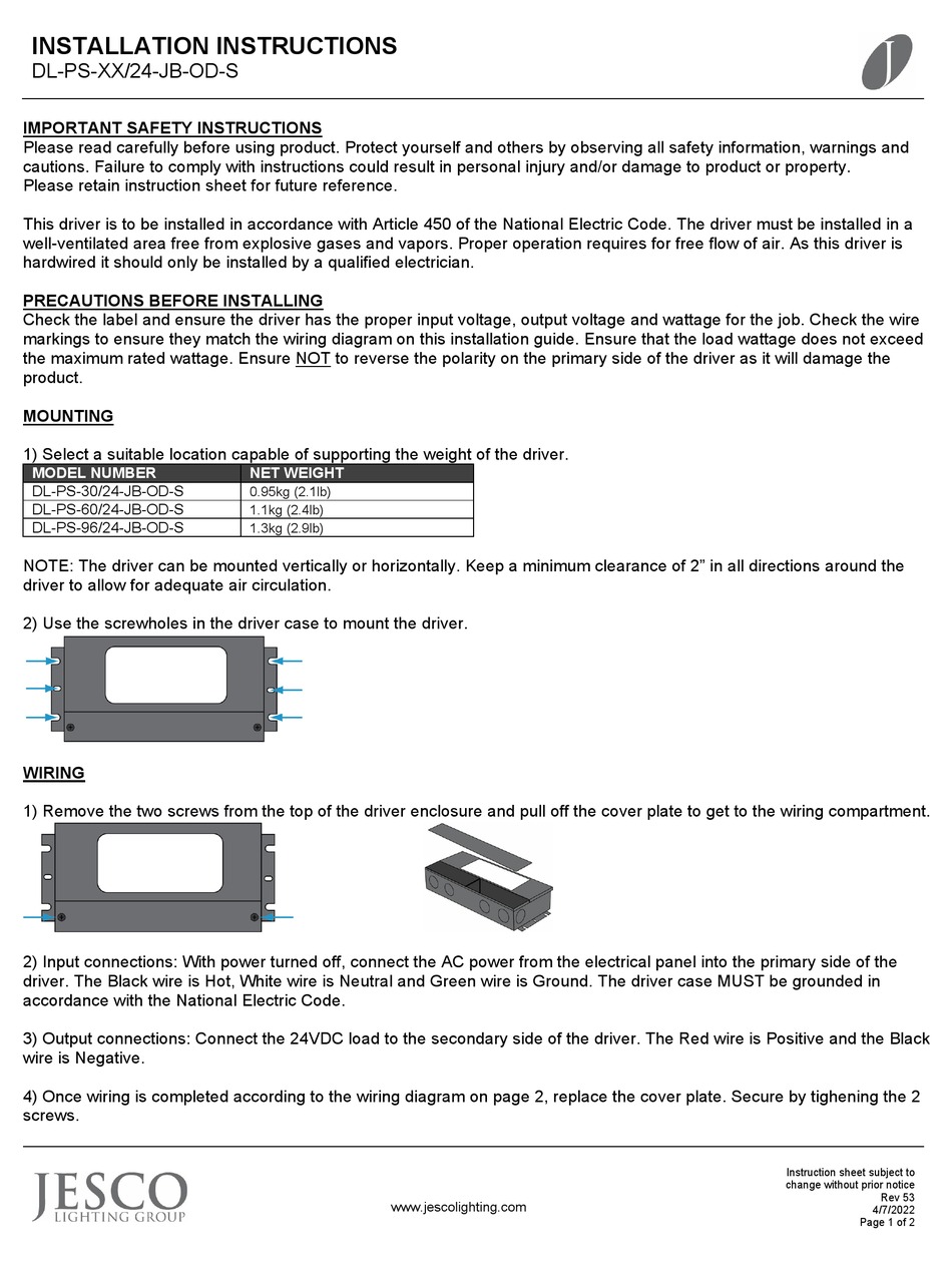 JESCO DL PS 24 JB OD S SERIES INSTALLATION INSTRUCTIONS Pdf Download jesco-dl-ps-24-jb-od-s-series-installation-instructions-pdf-download