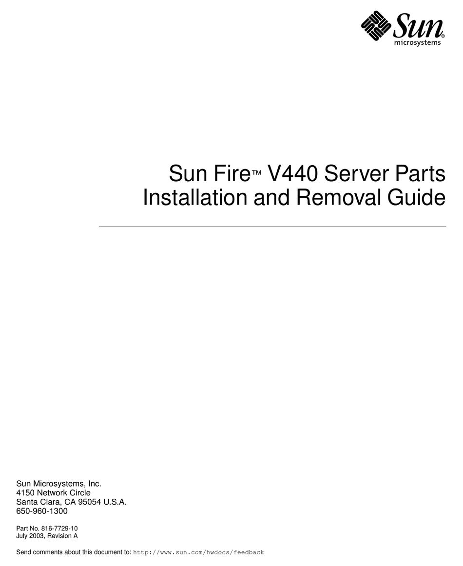 SUN MICROSYSTEMS SUN FIRE V440 PARTS INSTALLATION AND REMOVAL MANUAL