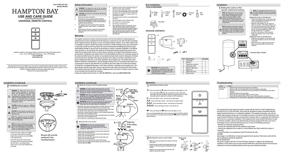 HAMPTON BAY NORTH POND 51716 USE AND CARE MANUAL Pdf Download ManualsLib