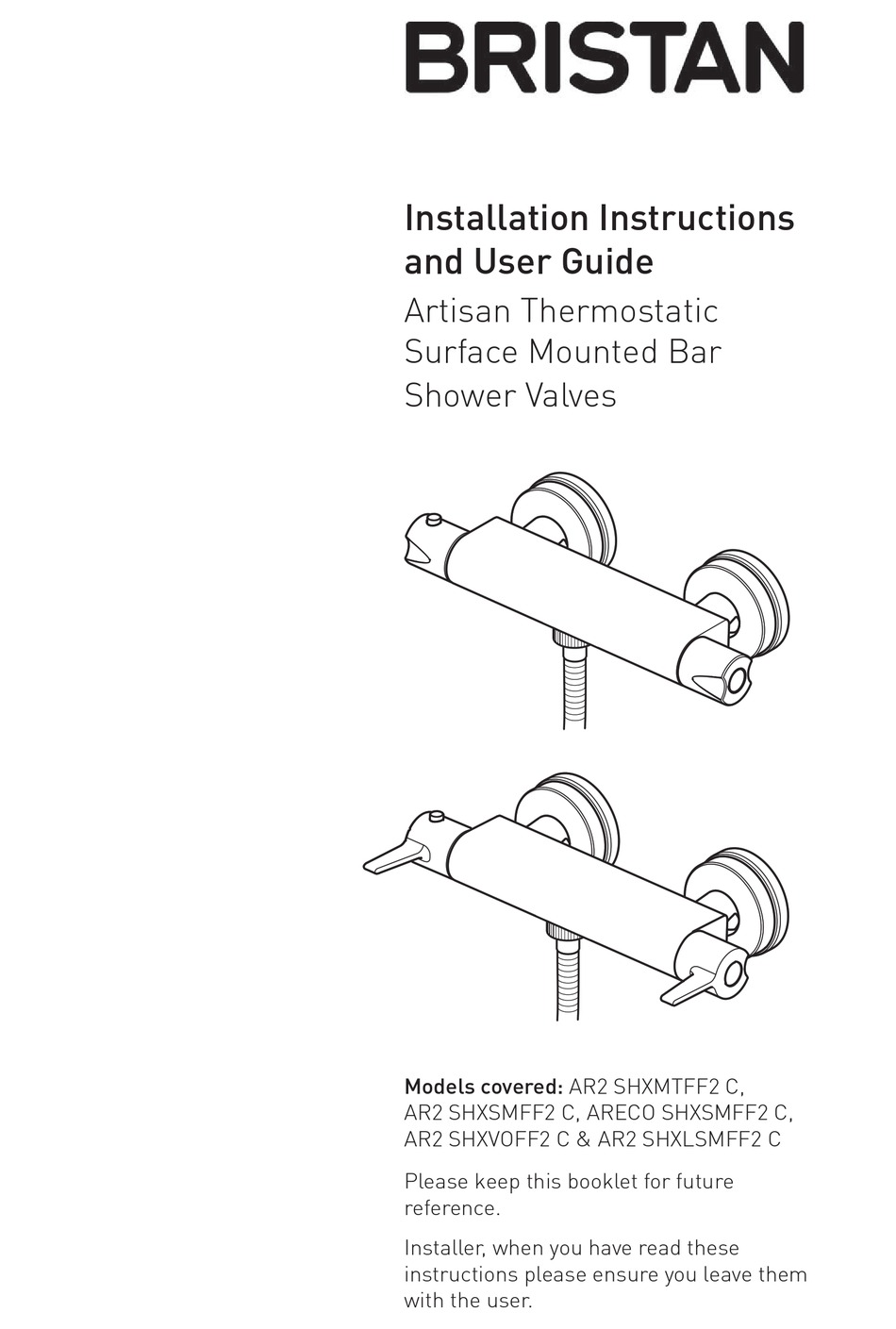 BRISTAN ARTISAN AR2 SHXMTFF2 C INSTALLATION INSTRUCTIONS AND USER