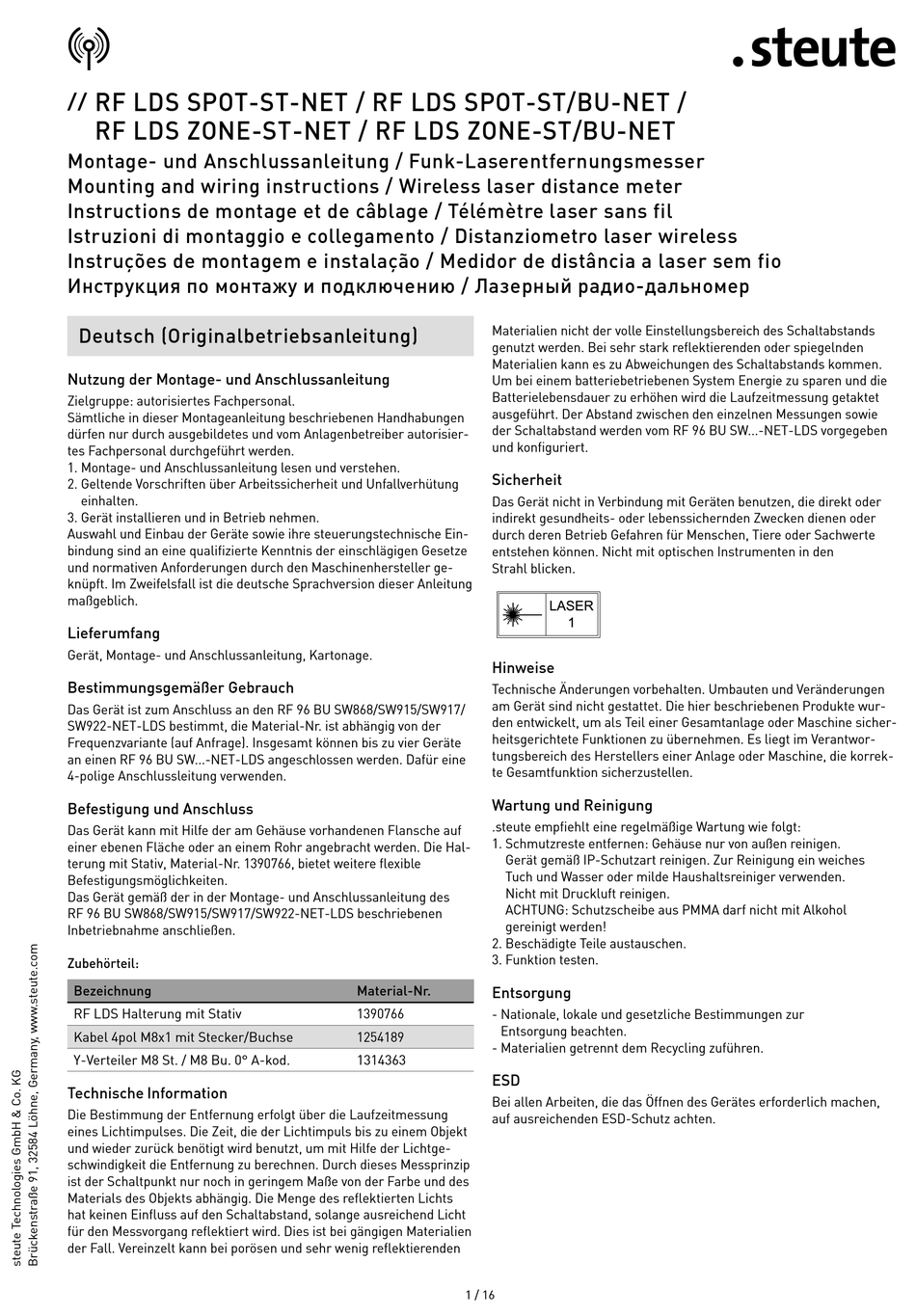 STEUTE RF LDS MOUNTING AND WIRING INSTRUCTIONS Pdf Download