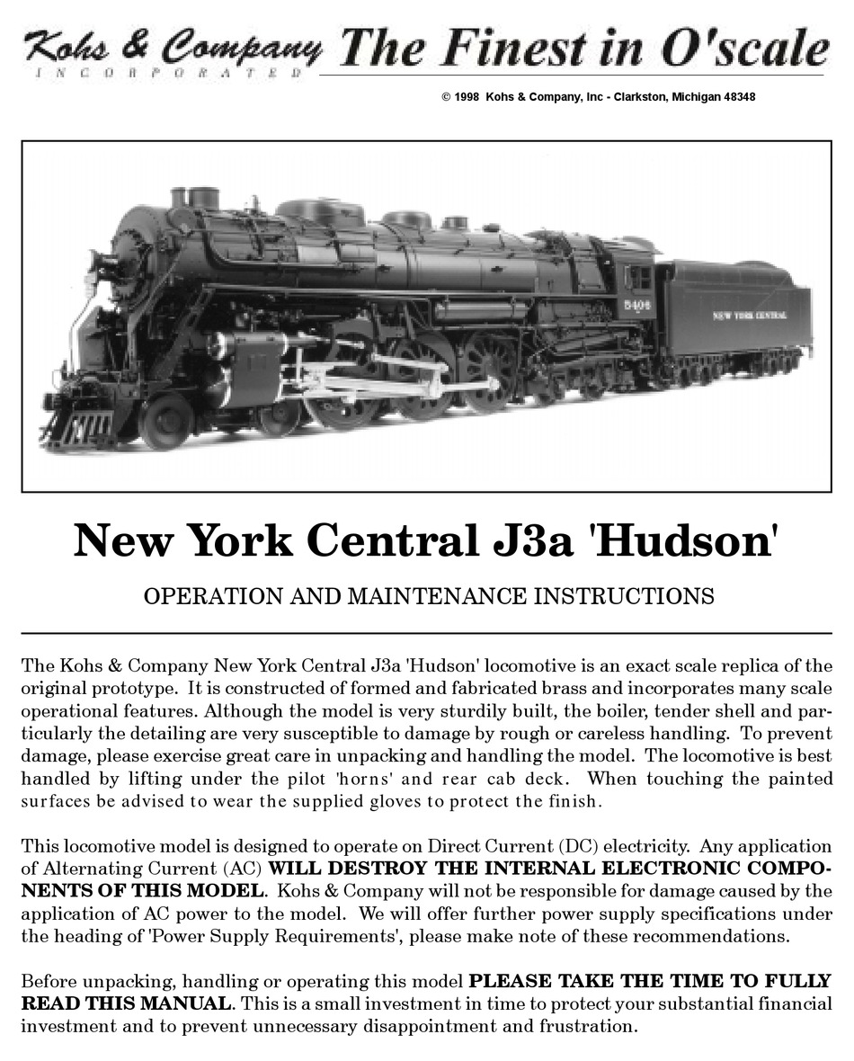 KOHS & COMPANY NEW YORK CENTRAL J3A HUDSON ADDITIONAL INSTALLATION