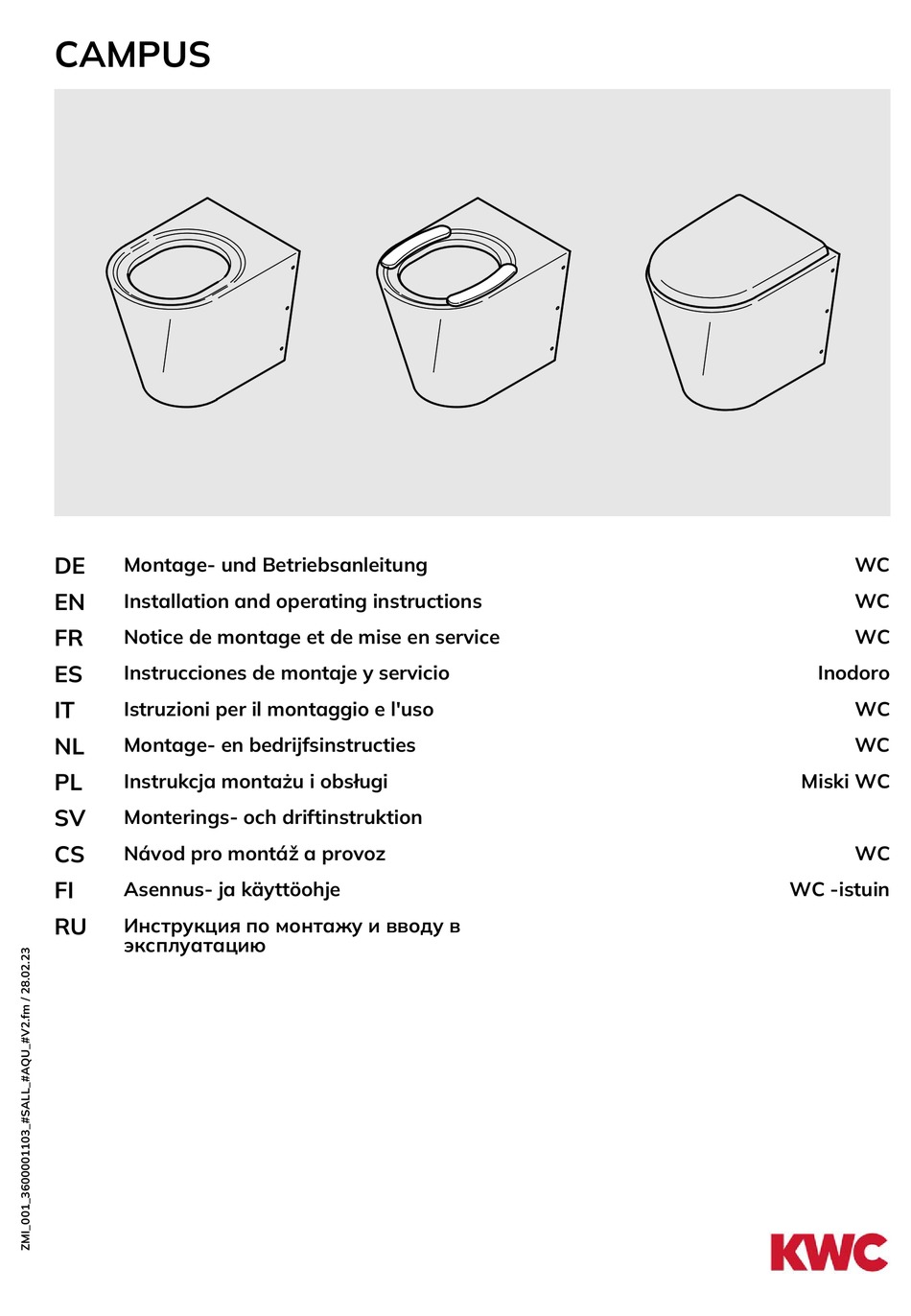 KWC CAMPUS CMPX597 INSTALLATION AND OPERATING INSTRUCTIONS MANUAL Pdf