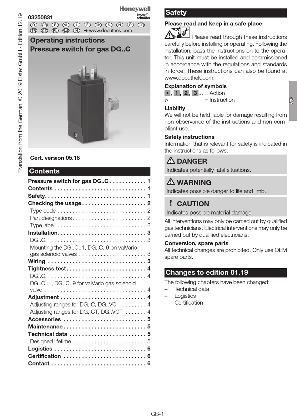 HONEYWELL KROM SCHRODER 03250831 OPERATING INSTRUCTIONS MANUAL Pdf