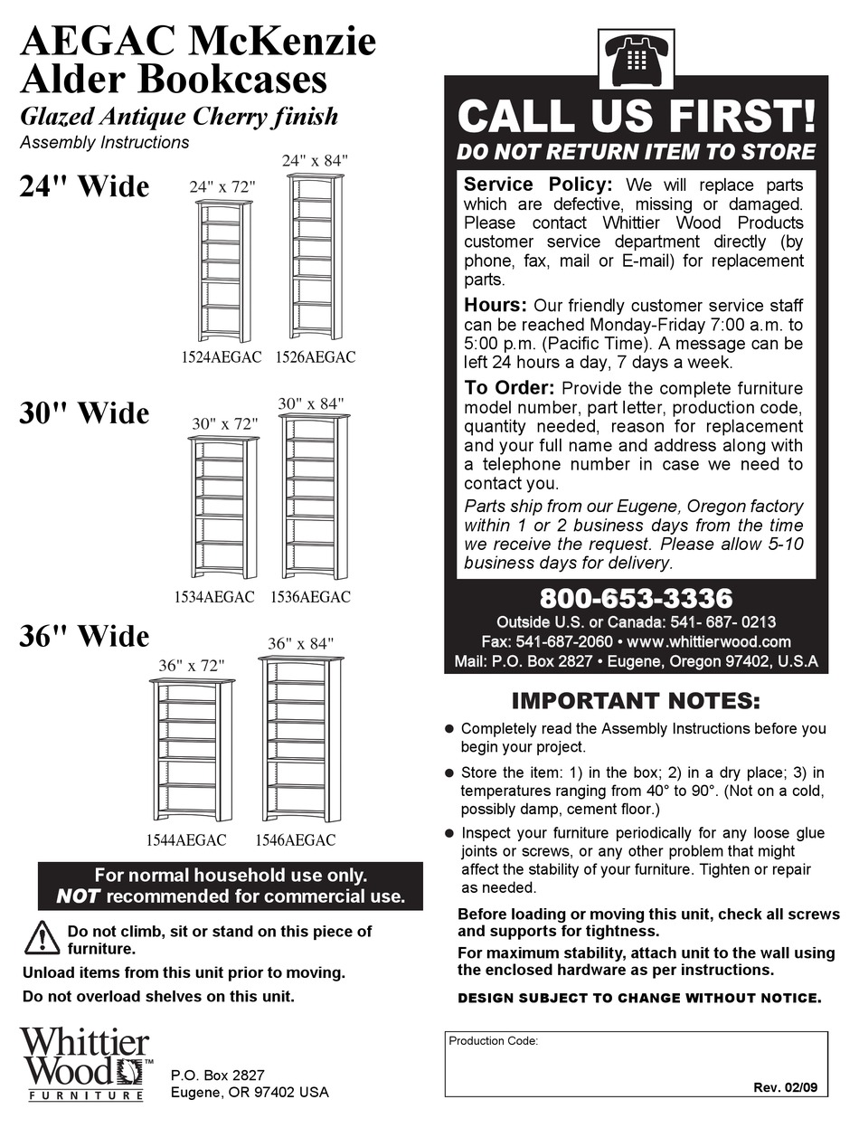 WHITTIER WOOD FURNITURE AEGAC MCKENZIE 1524AEGAC ASSEMBLY INSTRUCTIONS