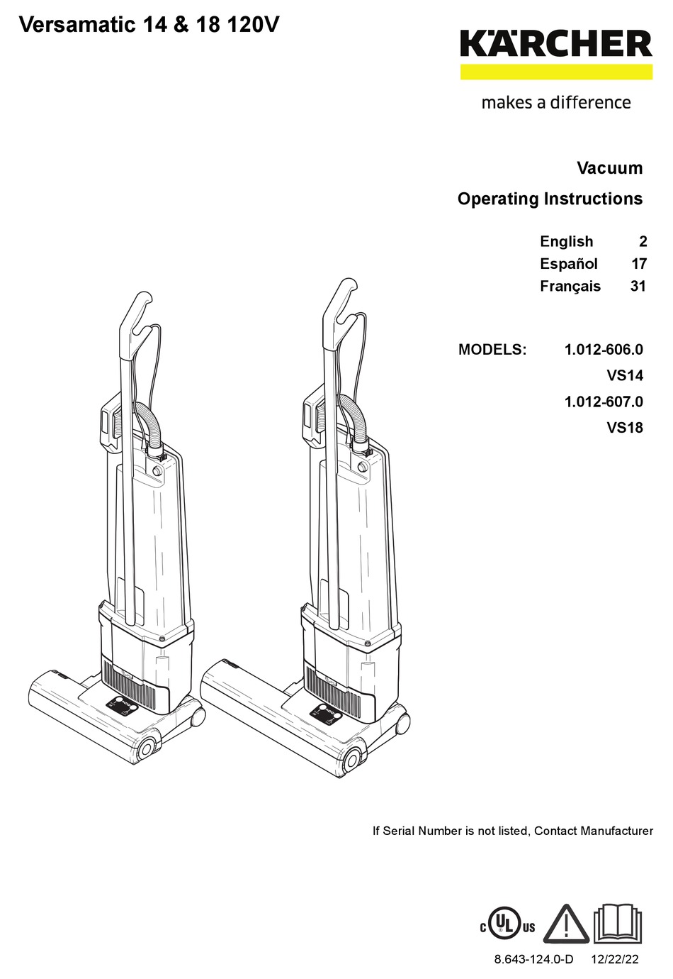 KÄRCHER VERSAMATIC 14 1.012606.0 OPERATING INSTRUCTIONS MANUAL Pdf