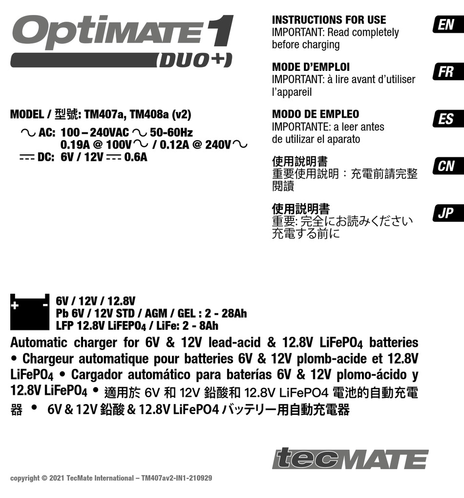 TECMATE OPTIMATE 1 DUO + TM407A INSTRUCTIONS FOR USE MANUAL Pdf ...