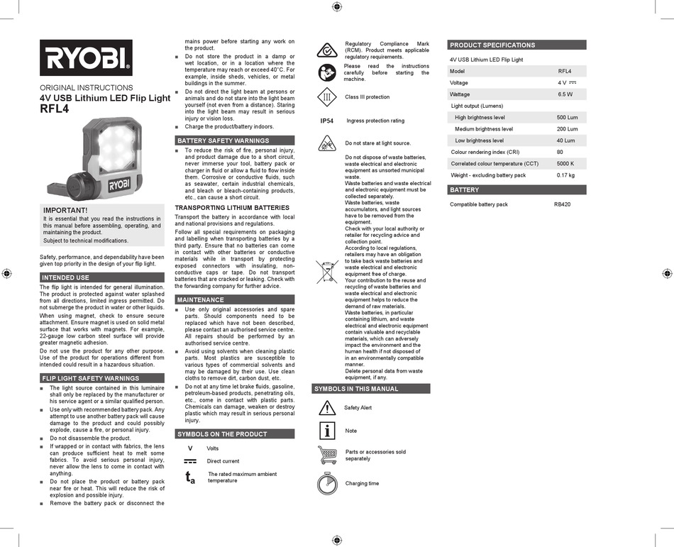 RYOBI RFL4 ORIGINAL INSTRUCTIONS Pdf Download ManualsLib