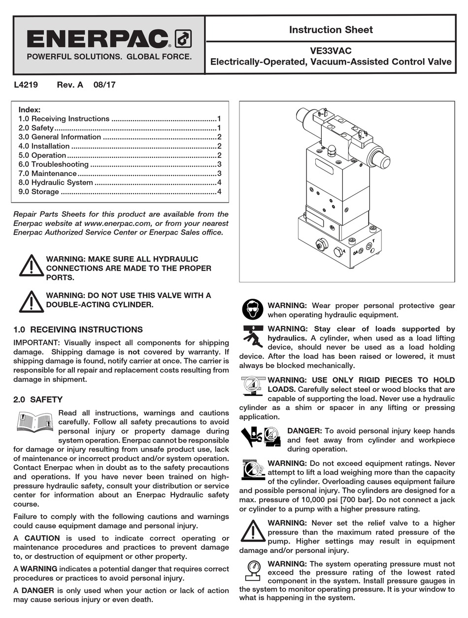 ENERPAC VE33VAC INSTRUCTION SHEET Pdf Download | ManualsLib