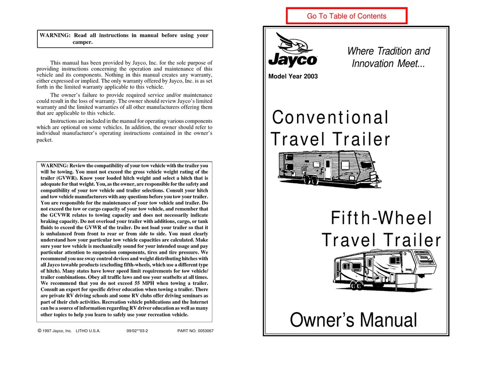 JAYCO CONVENTIONAL TRAVEL TRAILER 2003 OWNER