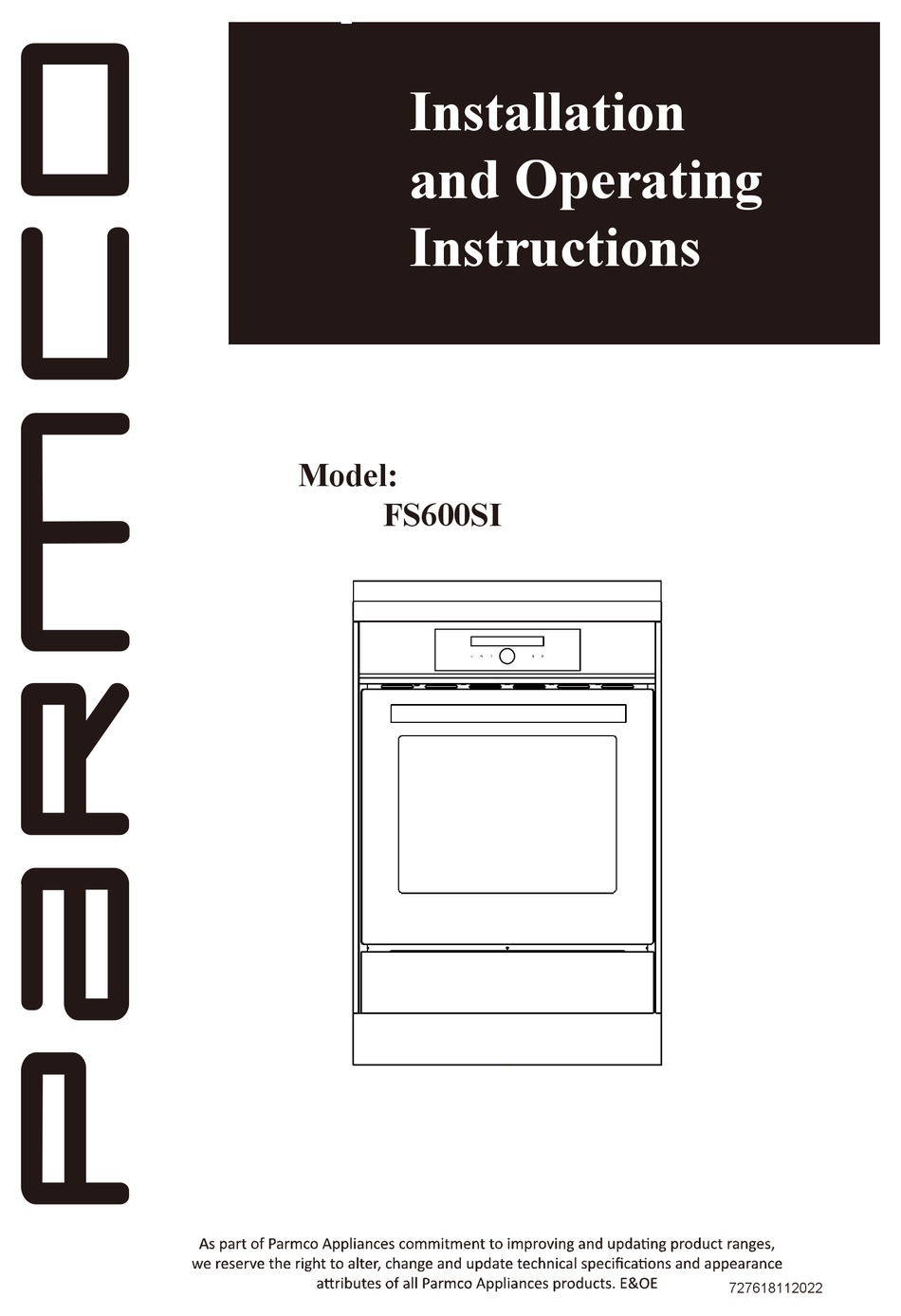PARMCO FS600SI INSTALLATION AND OPERATING INSTRUCTIONS MANUAL Pdf