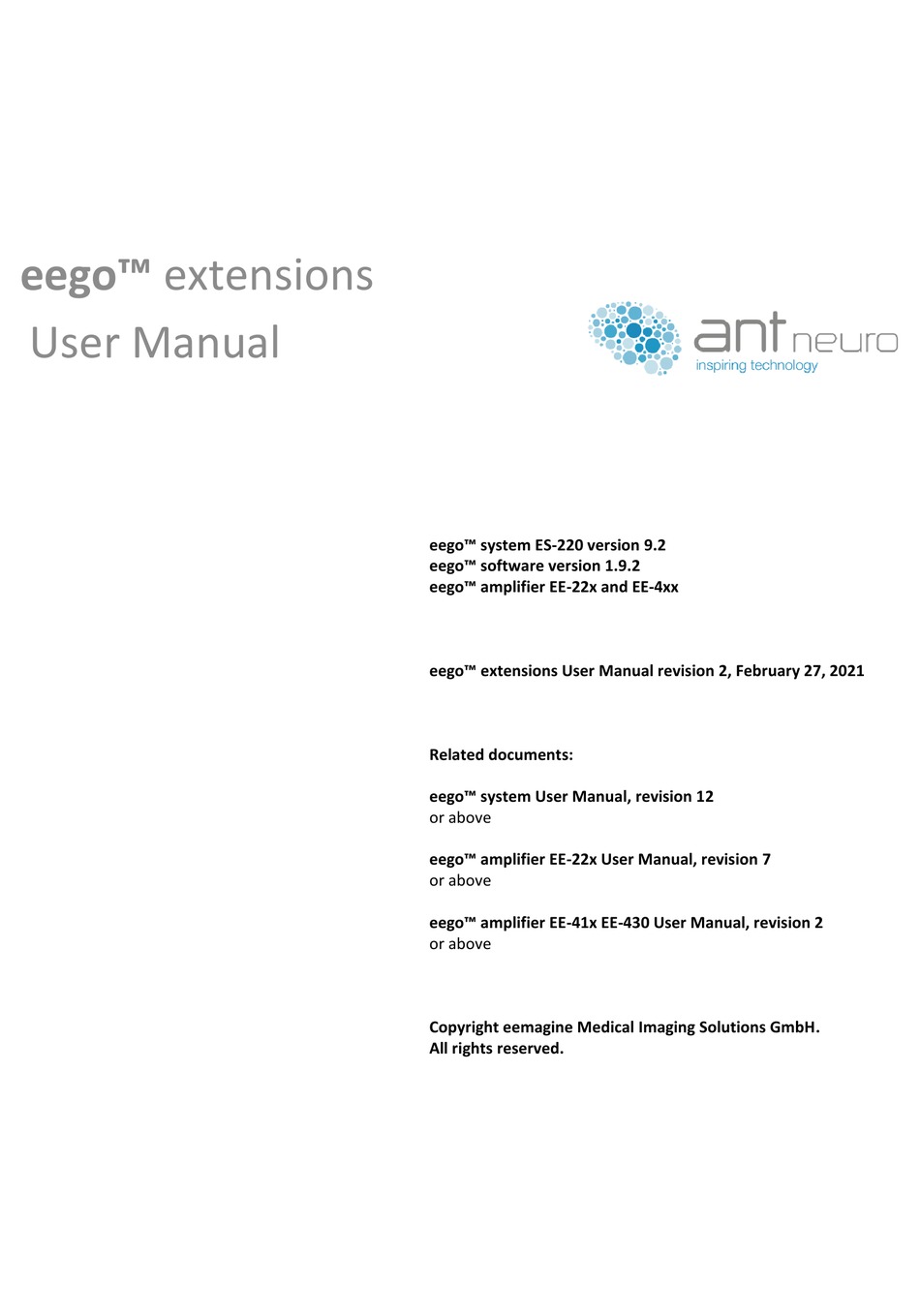 EEMAGINE MEDICAL IMAGING SOLUTIONS ANT NEURO EEGO MYLAB USER MANUAL Pdf
