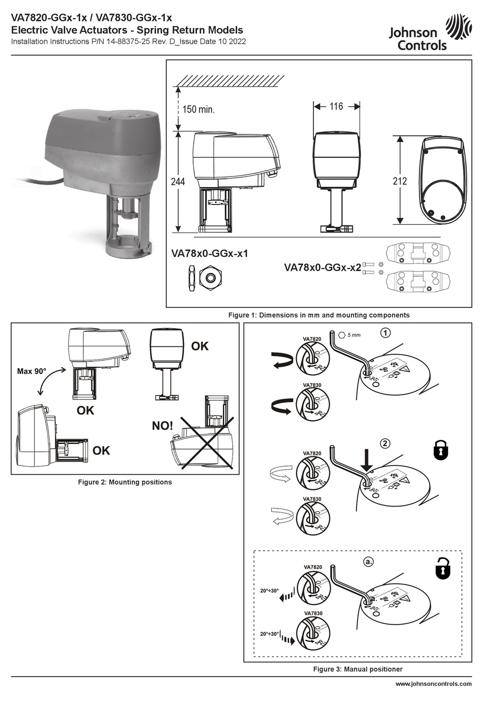 JOHNSON CONTROLS VA7820GG 1 SERIES INSTALLATION INSTRUCTIONS MANUAL