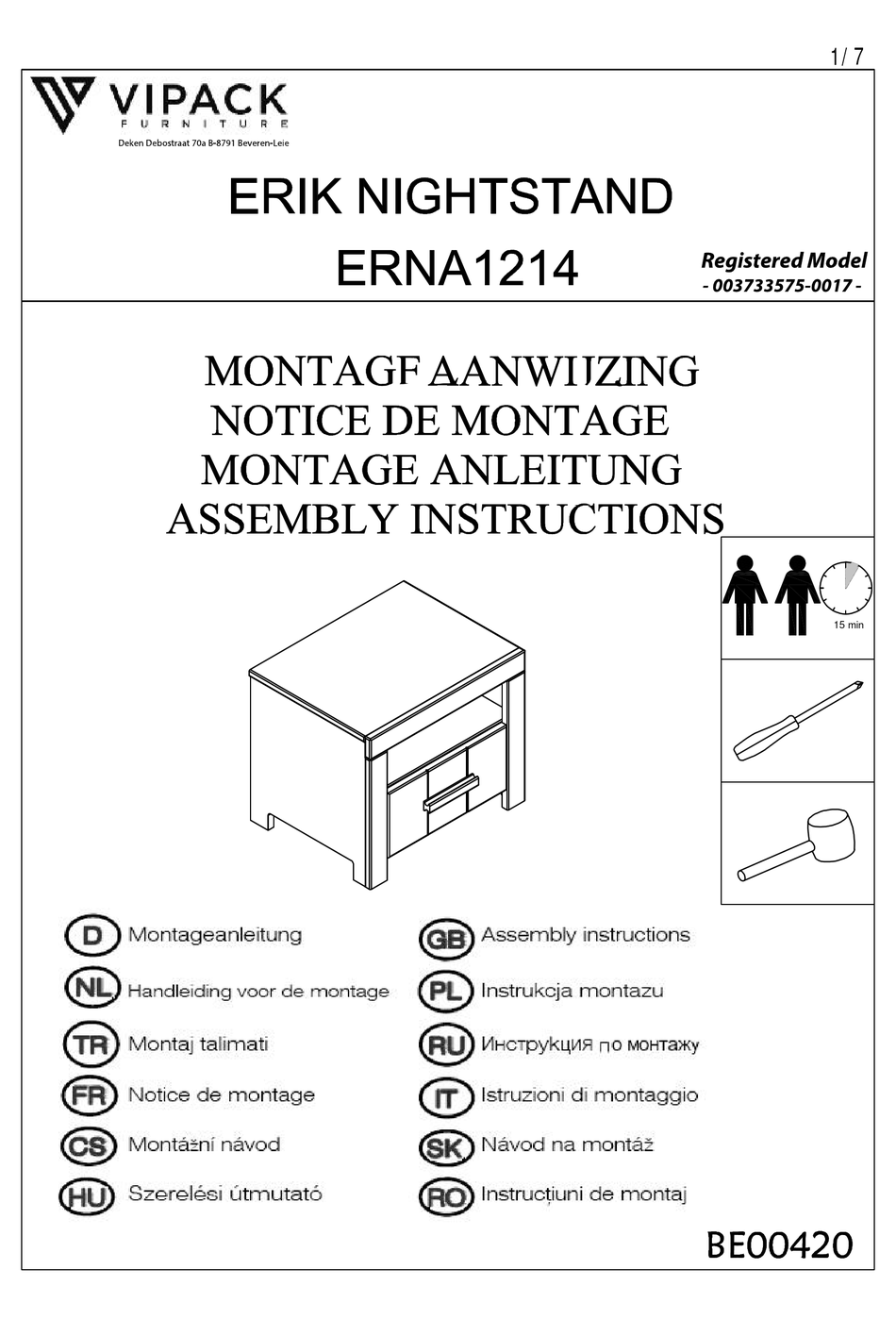 VIPACK ERIK ERNA1214 ASSEMBLY INSTRUCTIONS MANUAL Pdf Download ManualsLib