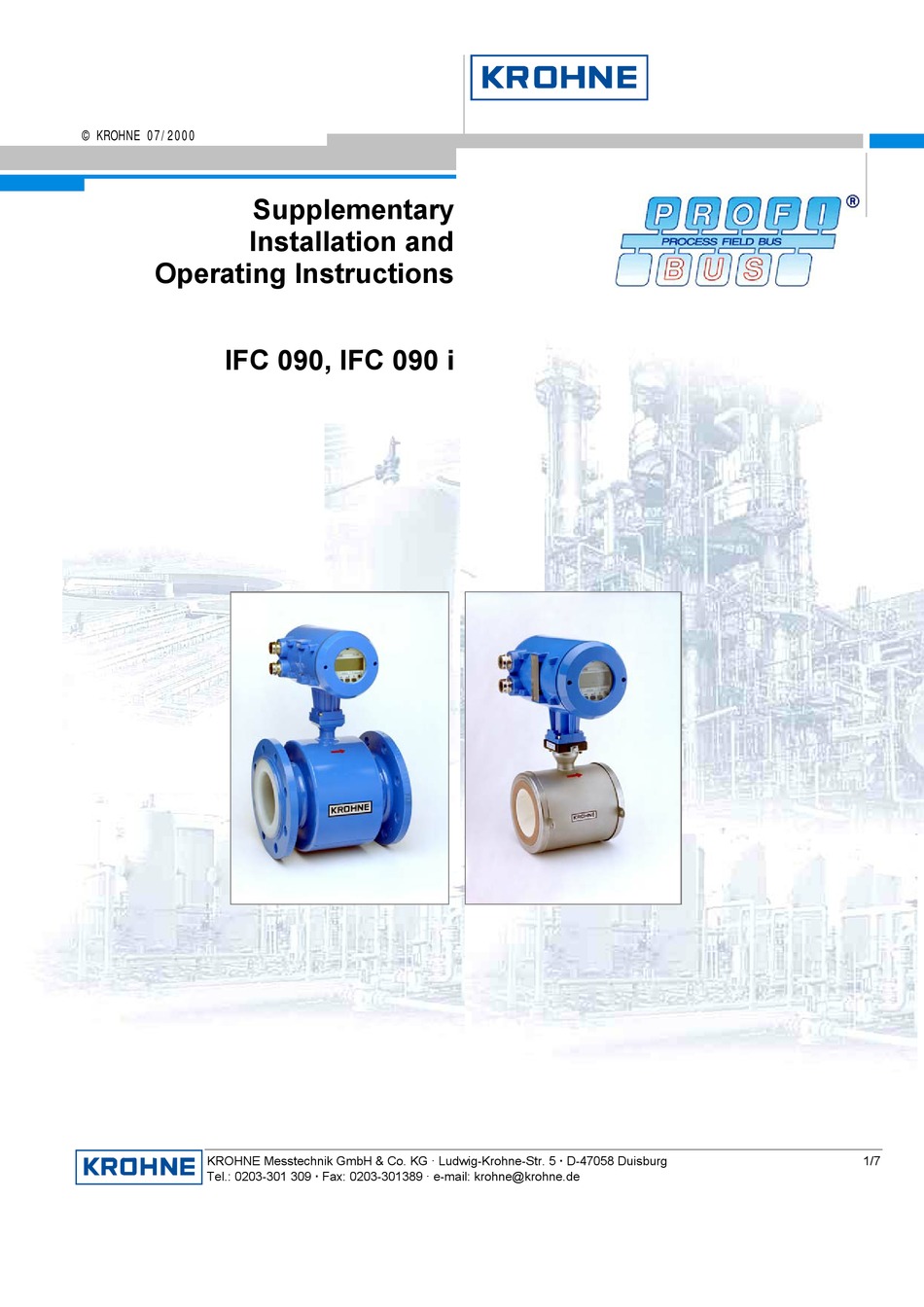 KROHNE IFC 090 SUPPLEMENTARY INSTALLATION AND OPERATING INSTRUCTIONS