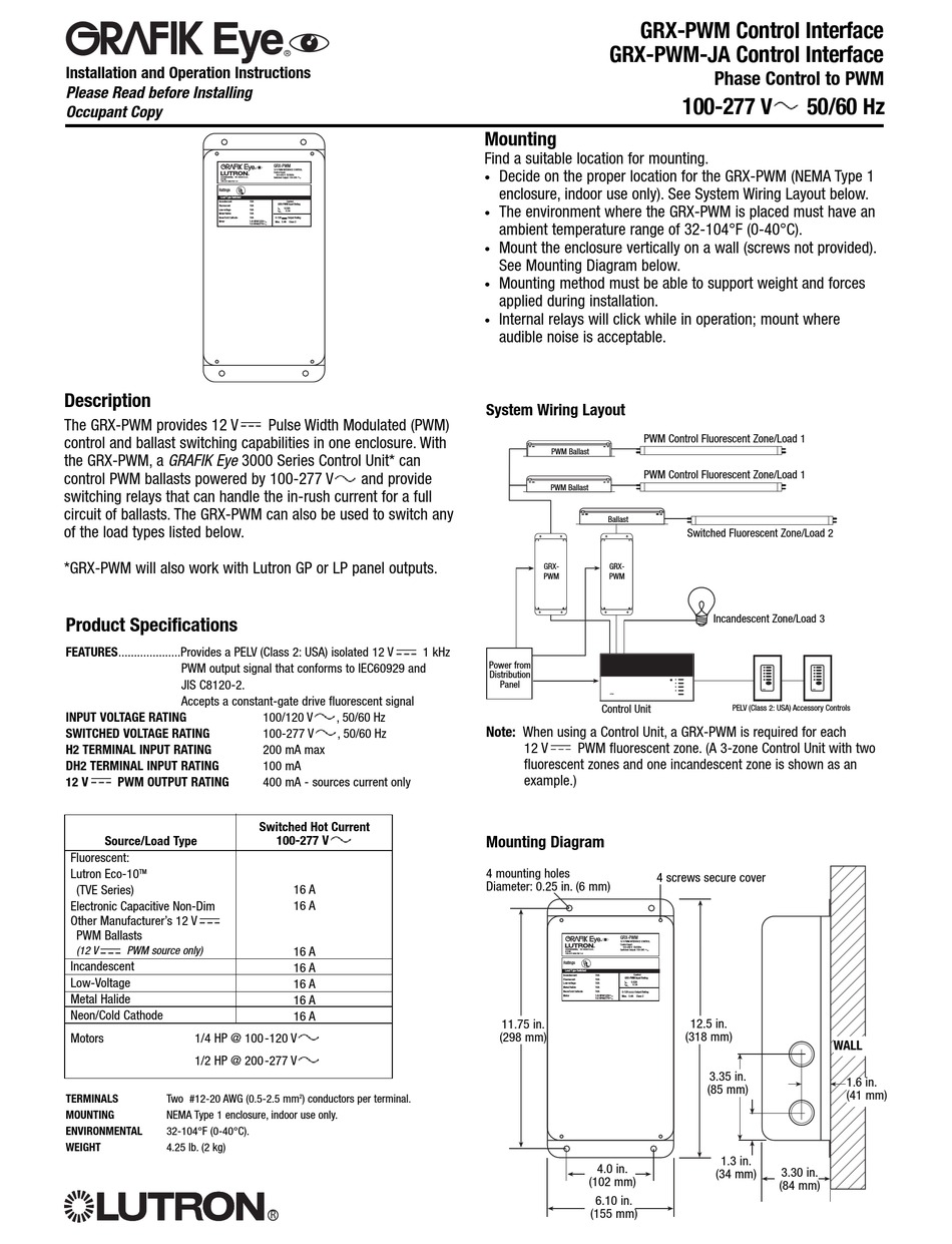 GRAFIK EYE GRXPWM INSTALLATION AND OPERATION INSTRUCTION Pdf Download