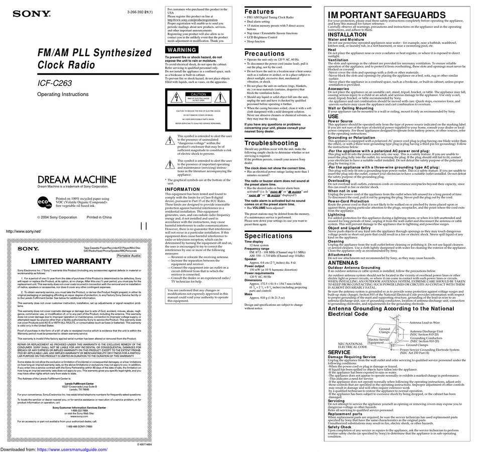 SONY DREAM MACHINE ICFC263 OPERATING INSTRUCTIONS Pdf Download