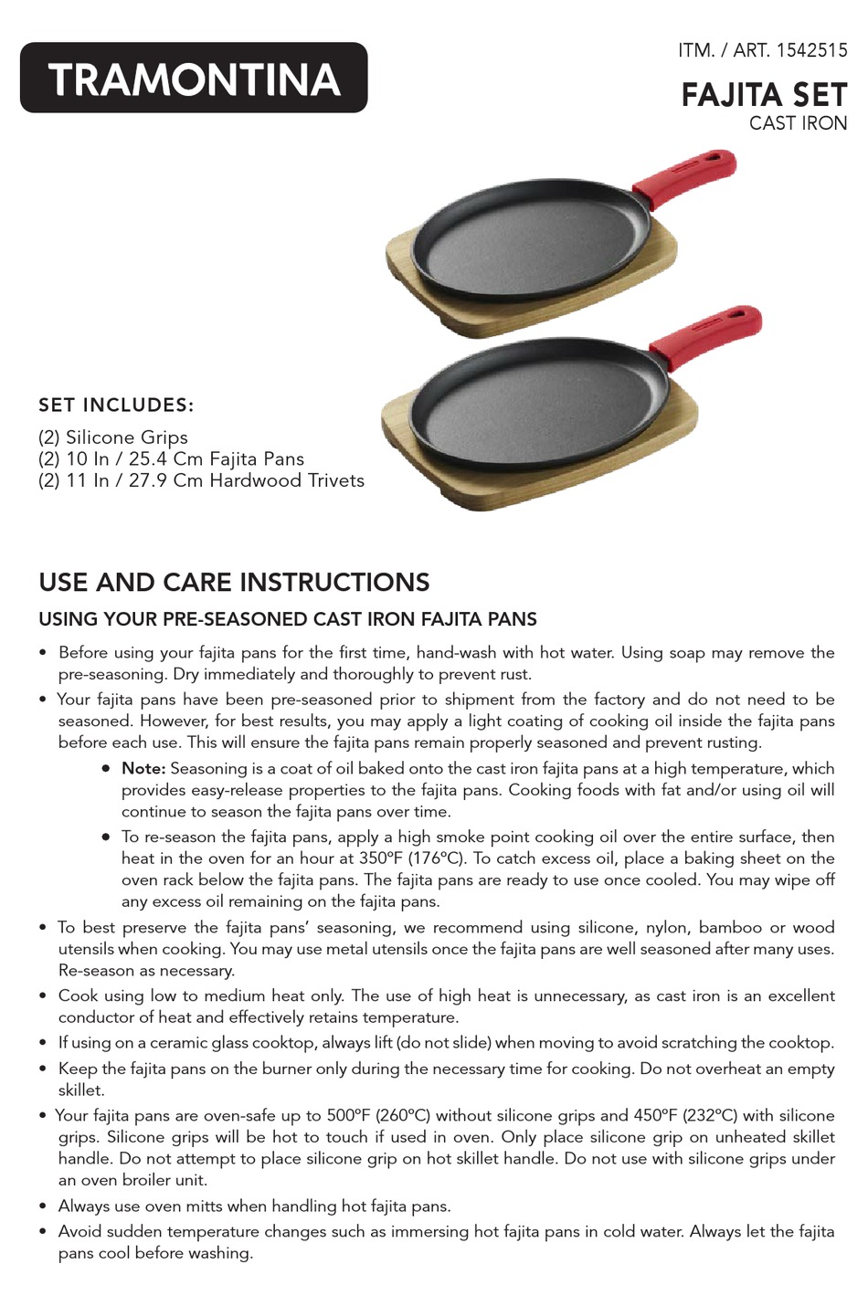 TRAMONTINA FAJITA SET 1542515 USE AND CARE INSTRUCTIONS Pdf Download