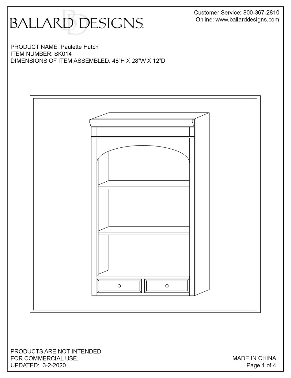BALLARD DESIGNS PAULETTE HUTCH SK014 QUICK START MANUAL Pdf Download