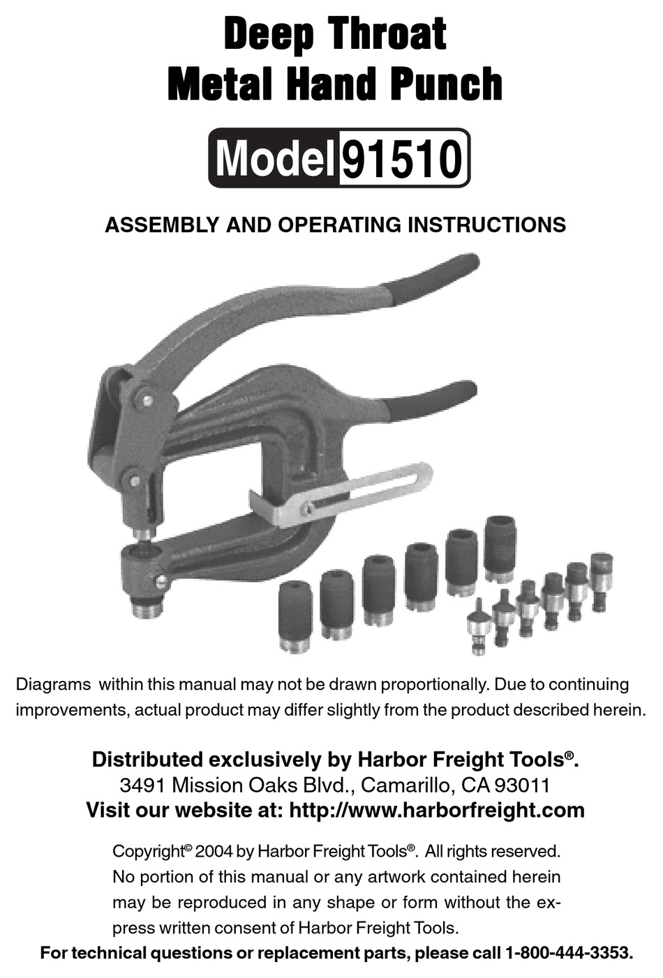 HARBOR FREIGHT TOOLS 91510 ASSEMBLY AND OPERATING INSTRUCTIONS MANUAL