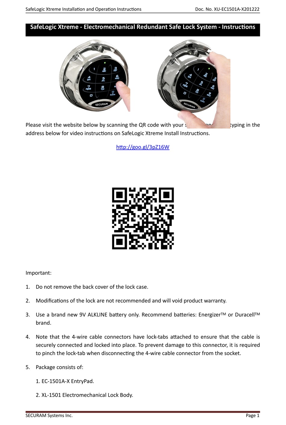 SECURAM SAFELOGIC XTREME INSTALLATION AND OPERATION INSTRUCTION MANUAL