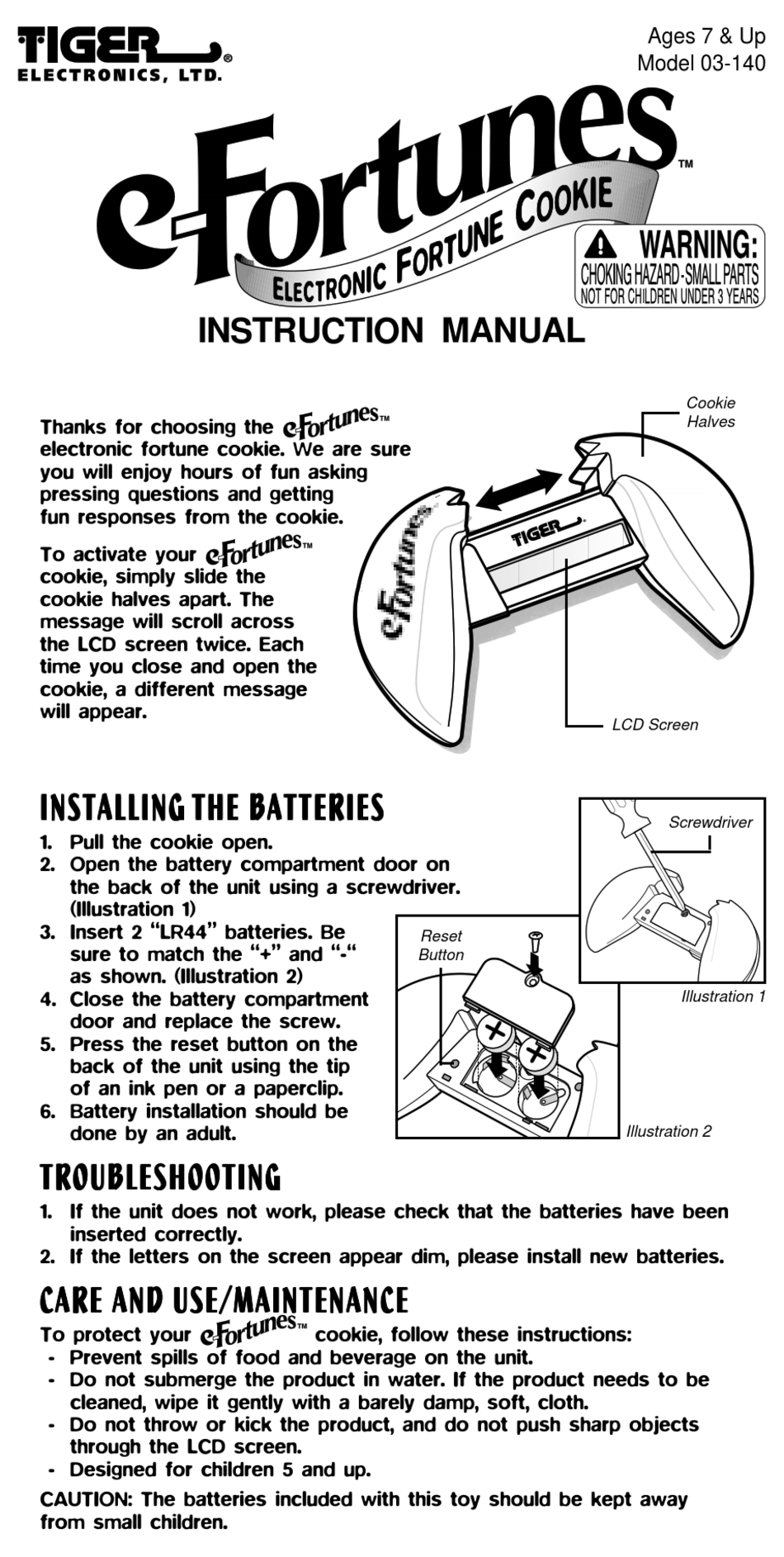 TIGER ELECTRONICS EFORTUNES 03140 INSTRUCTION MANUAL Pdf Download