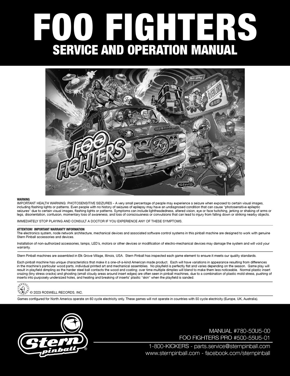 STERN PINBALL FOO FIGHTERS SERVICE AND OPERATION MANUAL Pdf Download