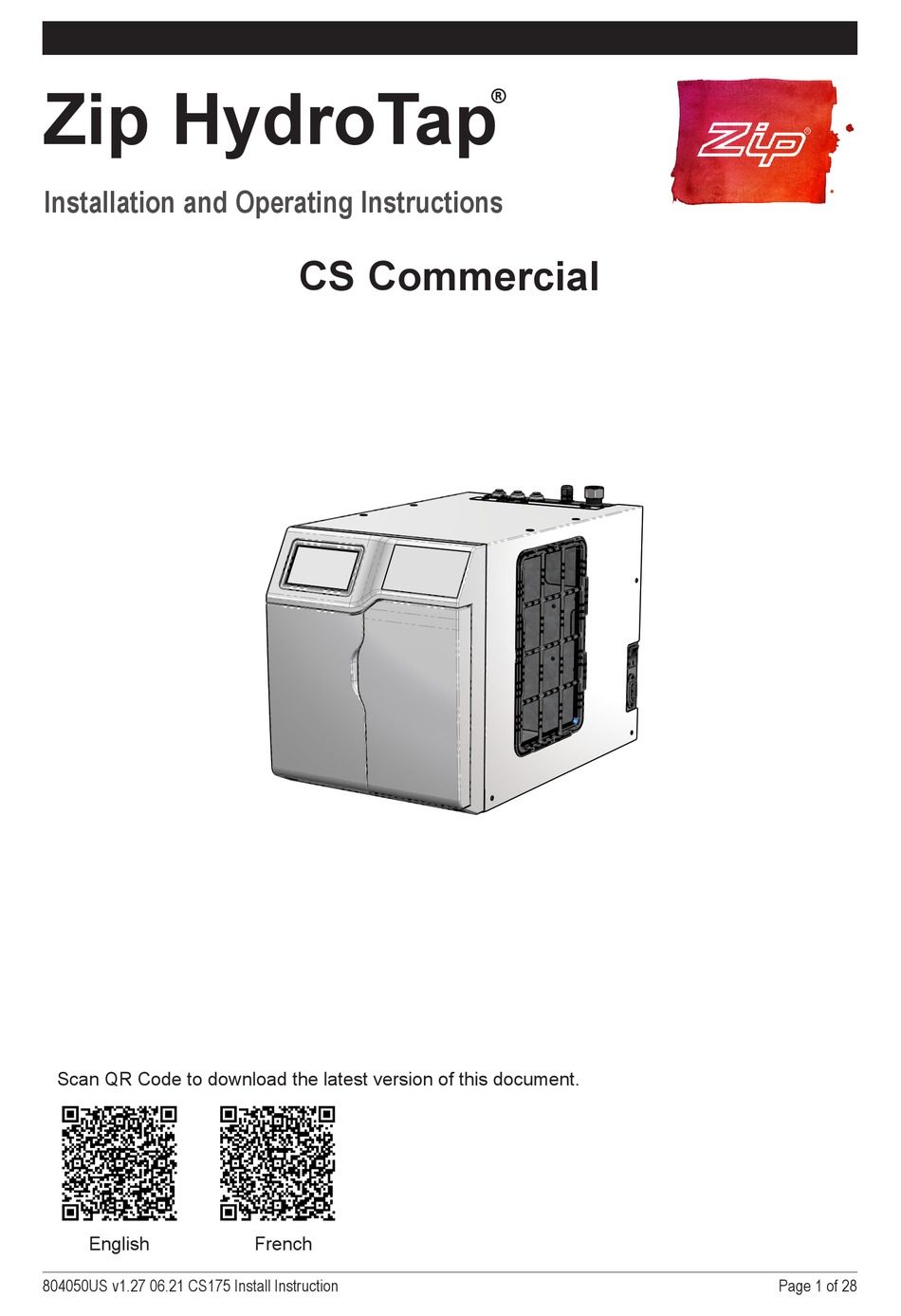 ZIP HYDROTAP CS COMMERCIAL INSTALLATION AND OPERATING INSTRUCTIONS