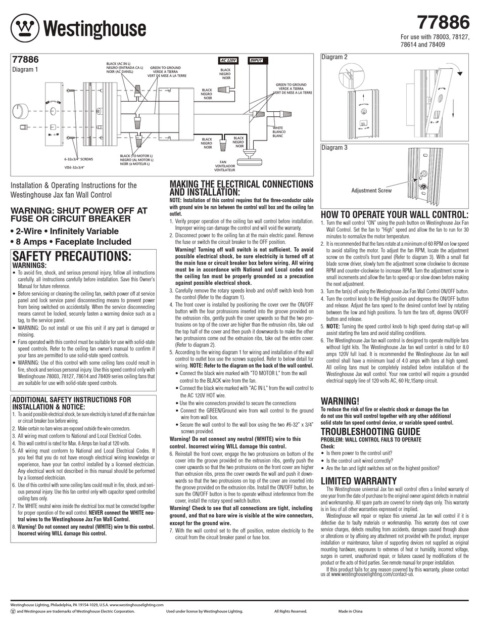 WESTINGHOUSE 77886 INSTALLATION & OPERATING INSTRUCTIONS Pdf Download